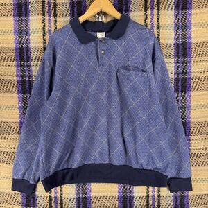 Haband Casual Joe Sweater Mens XL Blue Argyle Collared Pullover Knit Pocket